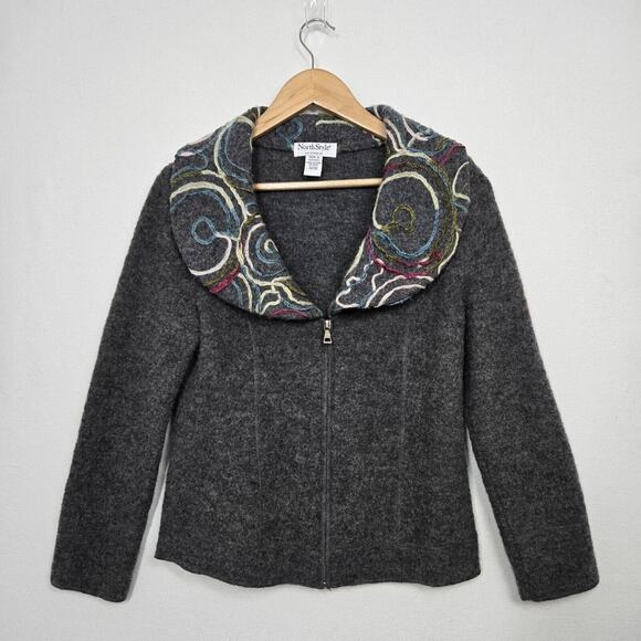 North Style 100% Wool Jacket Sz S Gray Embroidered Full Zip Front - Picture 14 of 14